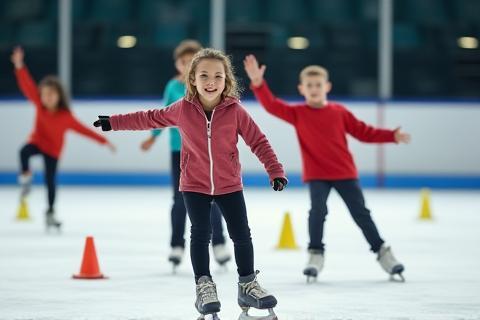 Young people learning to skate on an ice rink