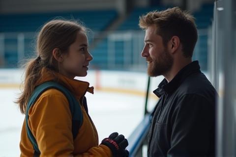 Mentor talking with a young participant by the ice rink